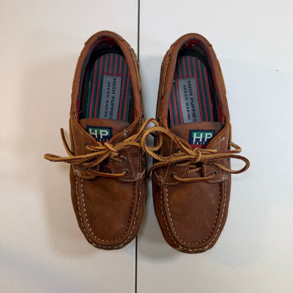 Hush Puppies Urban Marine Womens 3.5 Brown Leather Boat Shoes Deck Loafers